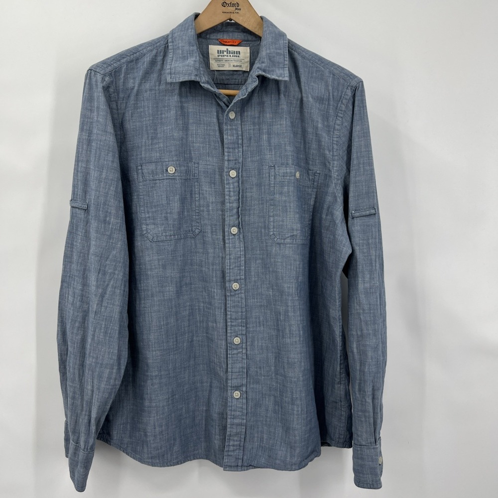 Urban Pipeline Shirt Mens XL Blue Chambray Denim Maxflex Button Up‎ EUC